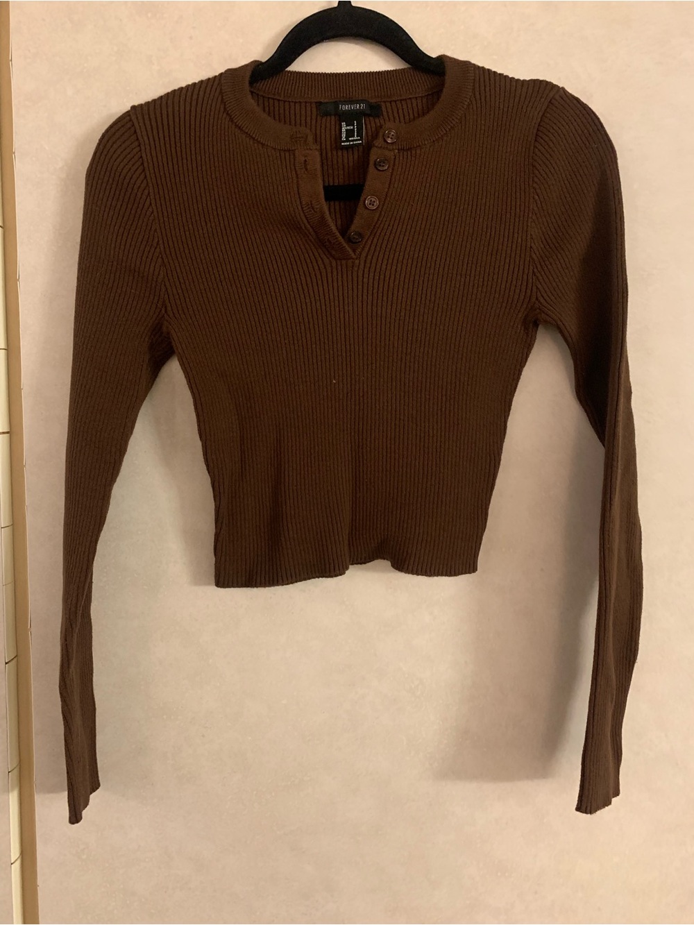 Brown Ribbed Henley Long-Sleeve Crop Top